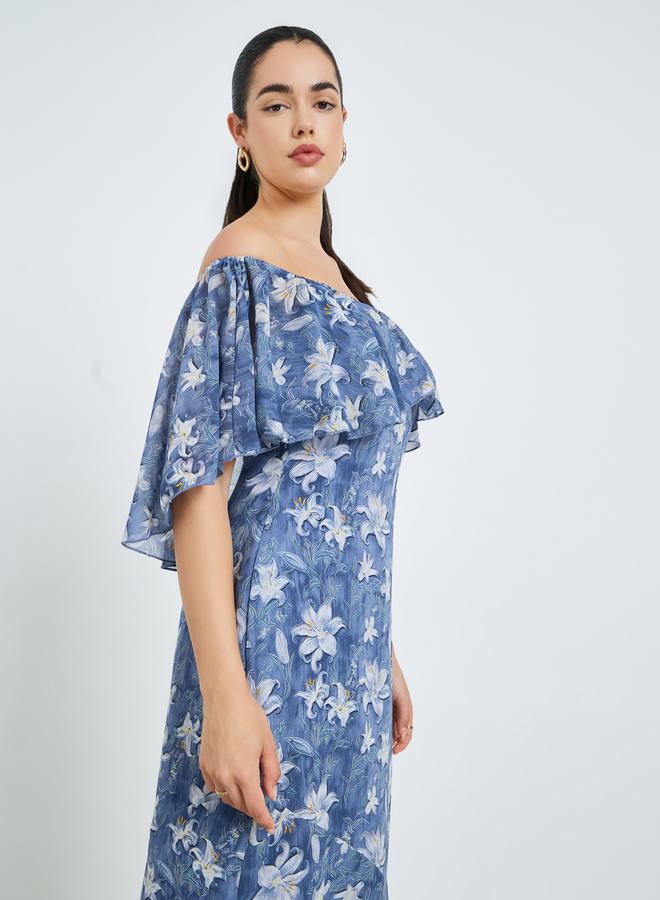 Women Blue Floral Cape Sleeve Sheath Maxi Dress